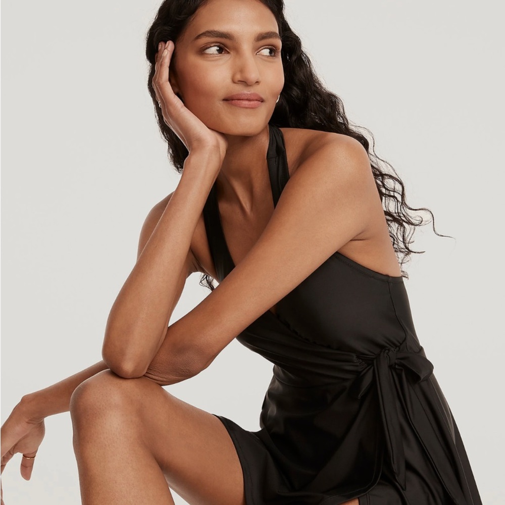 J.Crew—Halter Neck Ribbon Tie, Wrap Swim Dress Bathing Suit (Black, Size 12)